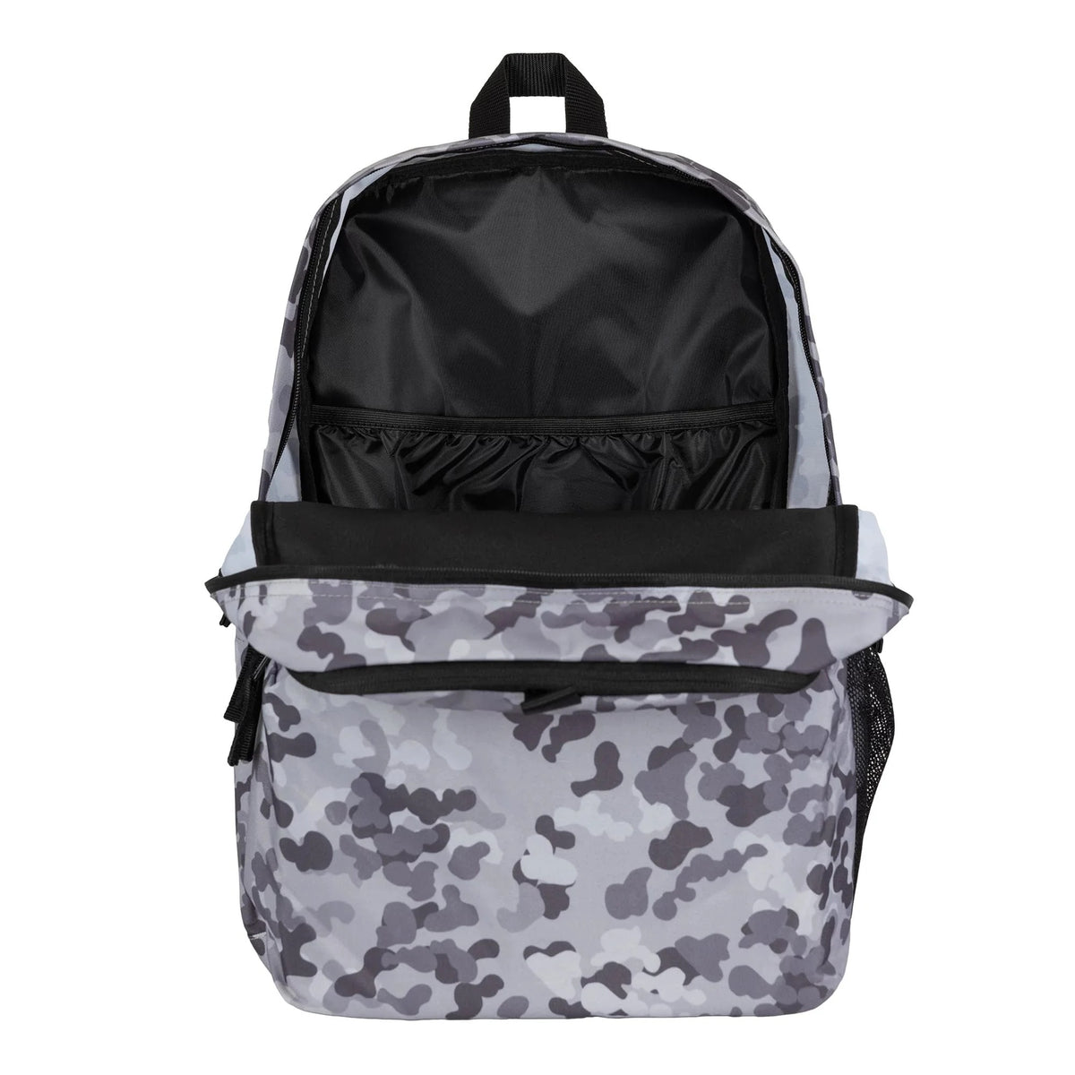 Zaino 909store con stampa mimetica grigia, scomparto principale aperto e tasca frontale, stile casual e sportivo