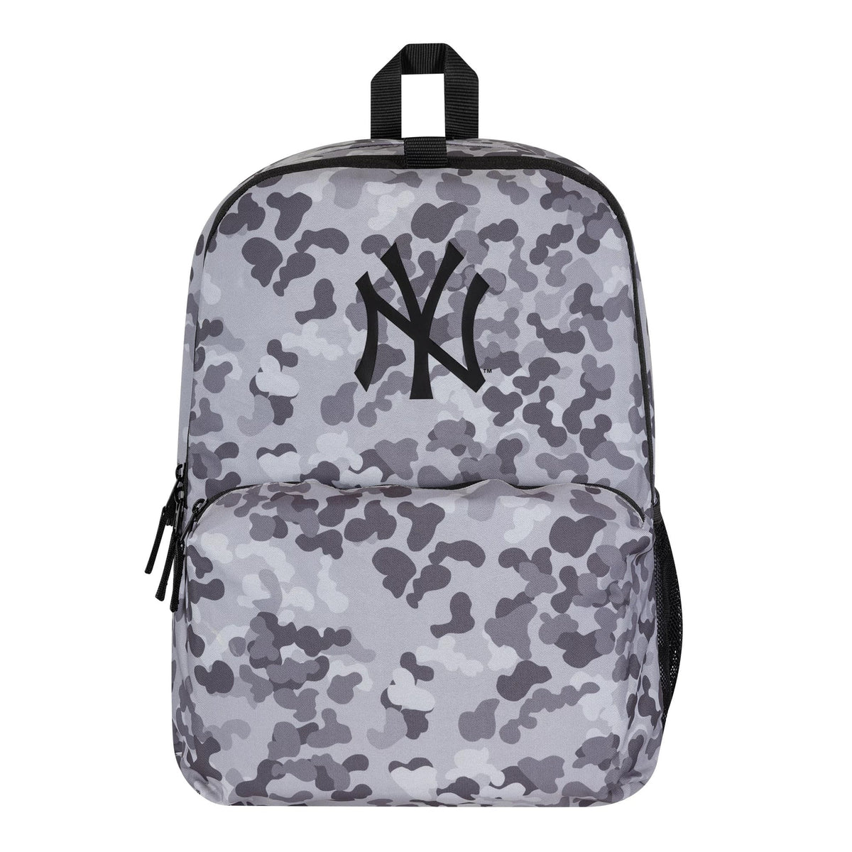 Zaino 909store New York Yankees con stampa mimetica grigia, tasca frontale e logo iconico, ideale per uso quotidiano.